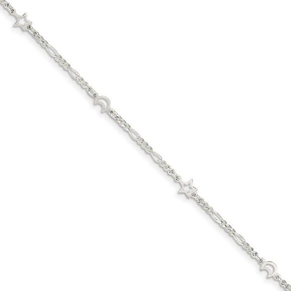 Sterling Silver Moon and Stars Figaro Adjustable Anklet, 9 Inch - Picture 1 of 4